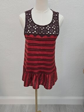 Free People Red Striped Tank with Crochet Yoke